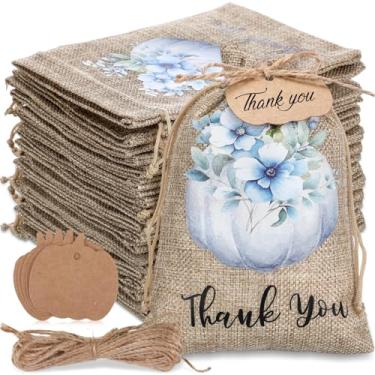 Imagem de Wesnoy 50 sacos de presente de estopa de outono com cordão e 50 etiquetas 5 x 7 sacos de guloseimas de abóbora de outono para colheita de doces de abóbora para Dia de Ação de Graças, lembrancinha de