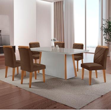 Imagem de Mesa de Jantar Diane 180cm Tampo MDF Vidro Canto Copo e 6 Cadeiras Melissa - Veludo Marrom/Off/Nat/Serig Off