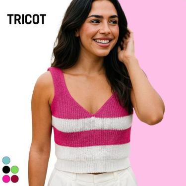 Imagem de Blusa Regata Cropped Tricot Feminino Gola V com Detalhe Bicolor Modern