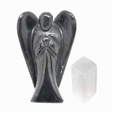 Imagem de EDZZEL Estatueta de anjo da guarda com bolso de cristal jaspe preto esculpida à mão - 5 cm com cubo de selenita (1 peça)