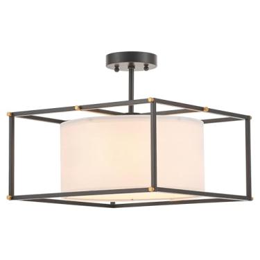 Imagem de VILUXY Luminária de teto moderna semi embutida 40,6 cm de tecido preto e branco lustre de teto tambor casa de fazenda lâmpadas de teto redondas luminária de metal quadrado para entrada sala de jantar