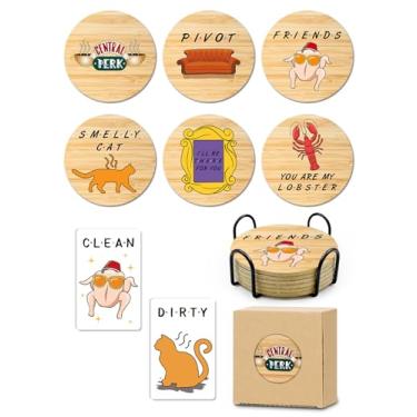 Imagem de HSSPIRITZ Mercadoria de programa de TV Friends, 6 peças de porta-copos de cortiça para bebidas, conjunto de porta-copos engraçado com suporte para porta-copos para fãs de TV, ímã de lava-louças limpo