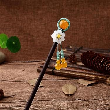 Imagem de Gancho de cabelo de madeira vintage, estilo chinês, flor enrolada, gancho de cabelo com borla, grampo de cabelo clássico para senhora