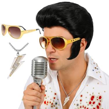 Imagem de AMZCOS Peruca De Fantasia Roqueiro Dos Anos 50 Para Homens, Cantor Rock 60, Cosplay, Festa Halloween Masculina, Incluindo Colar E Óculos