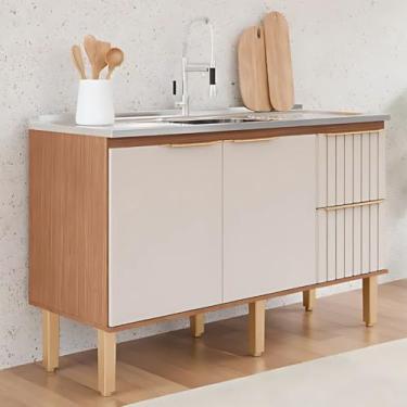 Imagem de Gabinete de Cozinha 2 Gavetas Ripado 144cm Madeira 100% Mdf (Freijo/Off White)