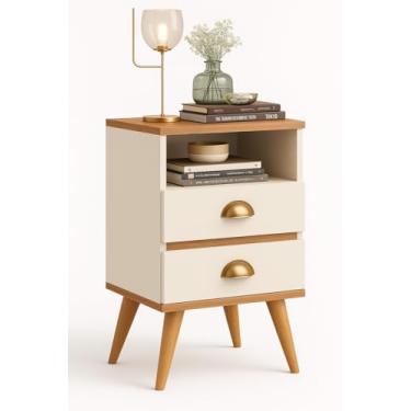 Imagem de Mesa de Cabeceira com 2 Gavetas, Puxador Decorativo, Móvel para Quarto, Dubai - Cedro/Off White