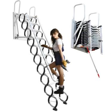 Imagem de YIRCELOM Escadas dobráveis montadas na parede, 12 degraus, escada dobrável de 3,2 m com corrimãos, escada telescópica no sótão com sistema de puxar para baixo, escada retrátil para loft, até 272 kg
