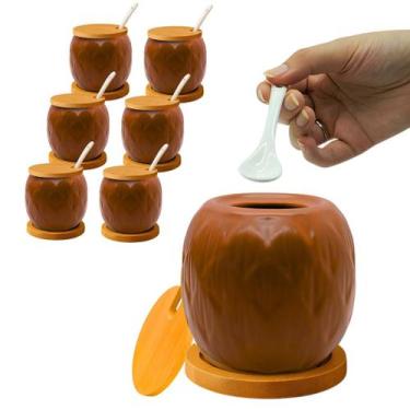 Imagem de Kit 6 Açucareiro Saleiro De Cerâmica Com Tampa De Bambu E Colher 350ml