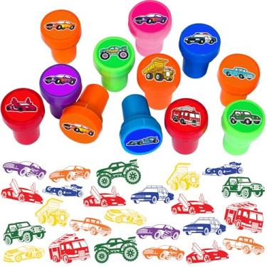 Imagem de Carimbos de carro e caminhão para crianças, lembranças temáticas de festa de aniversário de carro e caminhão suprimentos de decorações 12 peças selos presentes de sala de aula fofos para meninos meninas recompensas presentes de festa de aniversário prêmios ideais