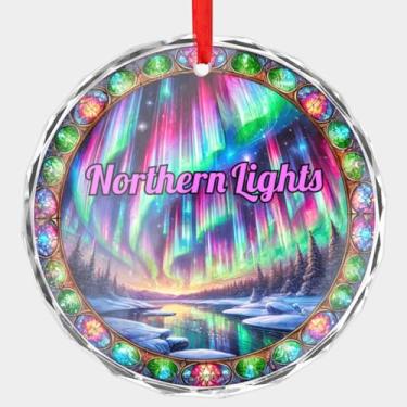 Imagem de Enfeite de Natal de cristal Aurora Boreal Aurora Boreal, céu ártico, disco redondo de 7,6 cm (0,6 cm de espessura) com bordas chanfradas, Alasca, Islândia, Noruega, Finlândia, Suécia, Canadá, Aurora