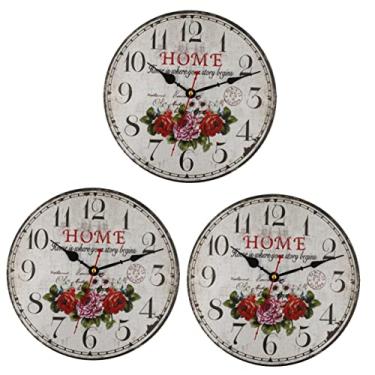 Imagem de TLTDSMY 3 peças de relógio de madeira montado na parede, flor relógio de madeira, decoração antiga, relógio de parede redondo, operado por bateria, relógio de parede vintage, decoração retrô