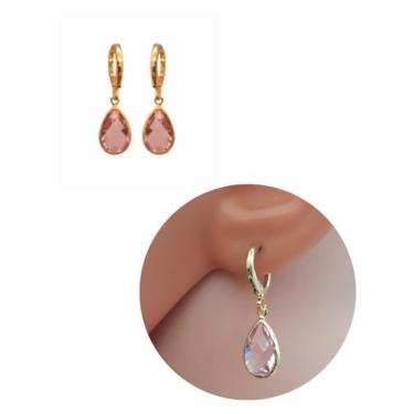 Imagem de Brinco Argolinha Gota de Cristal Rosa Bebê Folheado Ouro 18k Antialérg