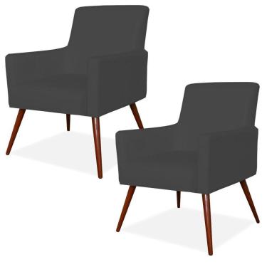 Imagem de Kit 02 Poltronas Decorativas Para Sala de Estar e Recepção Maria W01 Pés Palito Corino Preto - Lyam Decor
