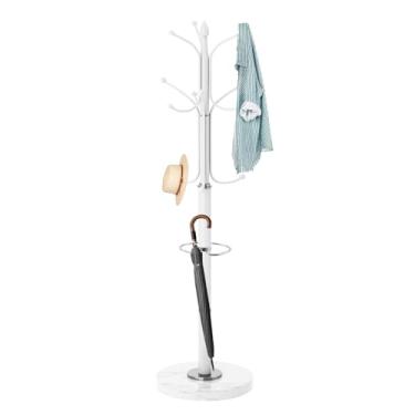Imagem de ZOZOE Suporte de metal, cabideiro moderno independente com base de mármore natural, cabide resistente com 12 ganchos e suporte de guarda-chuva, suporte de árvore de casaco branco para bolsas, chapéus
