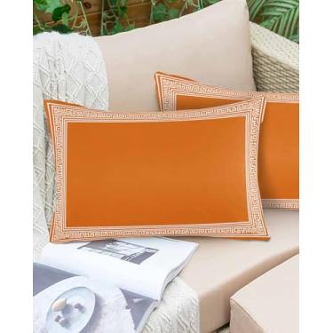 Imagem de Conjunto de 2 capas de almofada para área externa à prova d'água com estampa de chave laranja para ambientes externos decorativos de arte geométrica 50 x 30 cm capa de almofada de pátio para sofá
