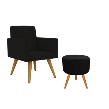 Imagem de Kit 01 Poltrona Decorativa Pés Palito + 1 Puff Preta preto