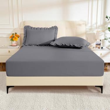 Imagem de KKJIAF Lençol de solteiro com 1 fronha de babado, microfibra escovada com bolso profundo de 40,6 cm, lençóis de cama respiráveis confortáveis, cinza (sem lençol de cima)