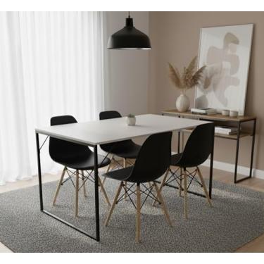 Imagem de Mesa de Jantar Industrial 120x80cm com Tampo Branco e 4 Cadeiras Eames, Base em Madeira (Cadeiras Pretas)