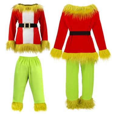 Imagem de AiMiAO Kids Christmas Costume Set Long Sleeve Jacket Green Furry Pants, Halloween Cosplay Santa Monster Outfit boys girls
