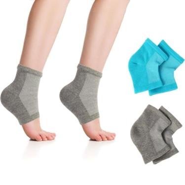 Imagem de 2 pares de meias de silicone para pés secos e rachados, meias com salto hidratante, loção de gel para os dedos, meias de silicone úmidas para calcanhares rachados durante a noite (cinza + azul celeste