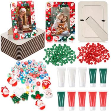 Imagem de Vesici 15 pacotes de molduras de madeira de Natal de 10 cm x 15 cm para artesanato com 60 pingentes de resina de Natal, 10 cola creme, 4 sacos de contas de Natal, molduras de fotos em pé inacabadas