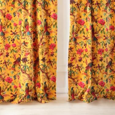 Imagem de Anati Decor Cortina de veludo de algodão - Design paraíso de pássaro impresso à mão, tratamento de janela artesanal para decoração de sala de estar, quarto e escritório (painel único) (mostarda, 96