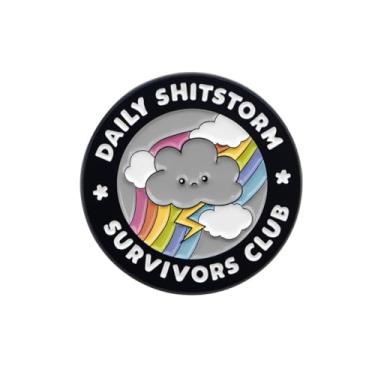 Imagem de Broche esmaltado Daily Shitstorm Survivors Club Nuvem de desenho animado e raio arco-íris para fãs de dificuldades como acessórios de resiliência humorística de sarcasmo de escritório