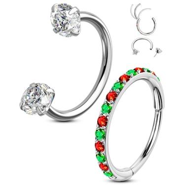 Imagem de OUFER 2 argolas de nariz de Natal, 20 g de pedra dupla, ferradura, sem fio, para mulheres, septo clicker daith, tragus, helix, torre, sobrancelha, piercing de lábio-8 mm