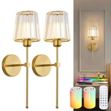 Imagem de Conjunto de 2 arandelas de parede alimentadas por bateria de cristal, arandelas sem fio com lâmpadas recarregáveis de 10.000 Mah, arandelas de 12 rgb e reguláveis a bateria com controle remoto