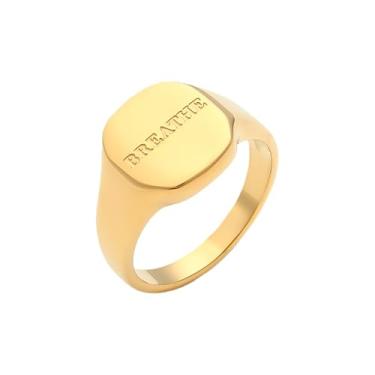 Imagem de BlingNook Anéis de ouro grossos para mulheres, The World Is Yours com letras em aço inoxidável, gravação, não mancha, empilhável, declaração de noivado, presente de joias de aniversário da moda, Aço