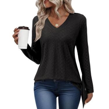 Imagem de Blusas de manga comprida AKEWEI com decote em V para mulheres, pretas,