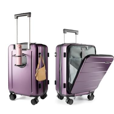 Imagem de Felamondo Bagagem de mão rígida com trava TSA, suporte de copo, rodas giratórias silenciosas de 360° e bolso frontal - mala leve para viagens de negócios, com camada extensível (G6002), Roxa, 20inch