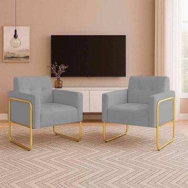 Imagem de Poltrona Sala Industrial Alta Tubo Dourado Kit 2 Elisa Suede D03 - D`rossi Cor Cinza