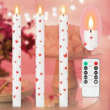 Imagem de JOIONE Velas cônicas sem chamas para o Dia dos Namorados operadas a pilhas, pacote com 3 velas LED de coração vermelho, velas falsas de cera verdadeira, velas cintilantes românticas para centros de