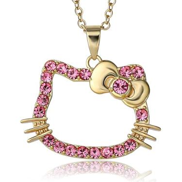Imagem de SALLY ROSE Colar de cristal rosa Hello Kitty para mulheres, licença oficial, colar com pingente Hello Kitty banhado a ouro 18 k de 45,7 cm