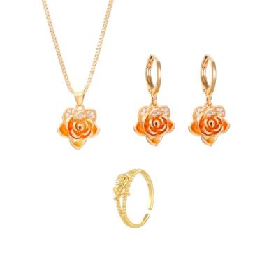 Imagem de QLUYCKW Conjunto de 3 a 4 peças de joias de rosas vermelhas para mulheres delicadas na moda colar com pingente de flor vintage flor verde pulseira pingente brincos de casamento dia dos namorados joias