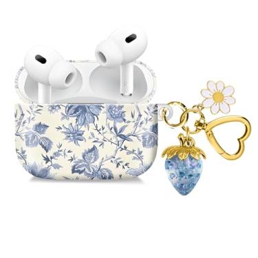 Imagem de Compatível com AirPod Pro 2ª/1ª geração, 2023/2022/2019, a capa de fone de ouvido sem fio totalmente protegida à prova de choque vem com um lindo e lindo pingente de chaveiro de morango (azul 1)