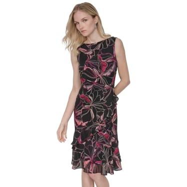 Imagem de DKNY Vestido midi feminino sem mangas com gola joia, bainha e babados na altura do joelho, Preto Multi, 36