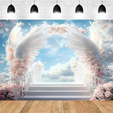 Imagem de Fundo fotográfico asas de anjo flores desabrochando arco porta cenário escadas para o céu luz sagrada nuvens céu azul nuvem branco fundo festa aniversário céu céu anjo asas festa banner (A, 2,1 x 1,5