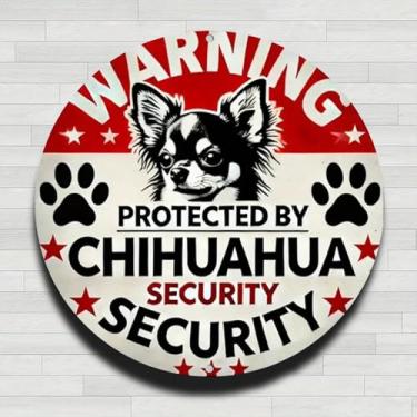 Imagem de Sinal de segurança Chihuahua de aviso vintage rústico alumínio metal redondo placa de parede, 20 cm, presentes internos e externos e decoração para casa, escritório, café e fazenda