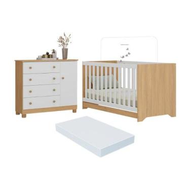 Imagem de Berço Americano 3 em 1 com Colchão Incluso e Cômoda 1 Porta 4 Gavetas 