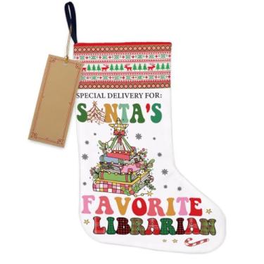 Imagem de TSUYAWU Decoração de árvore de Natal para bibliotecário - Entrega especial para presentes de bibliotecário favoritos do Papai Noel, meia de Natal pendurada para lareira escadas de parede, decoração de