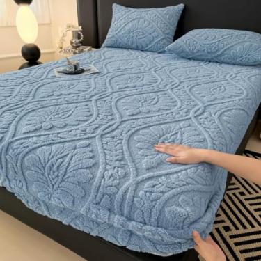Imagem de Capa de colchão elástica de veludo macio, protetor de colchão quente e espesso, tecido respirável e amigo da pele para decoração de cama e azul confortável: 120 x 200 cm