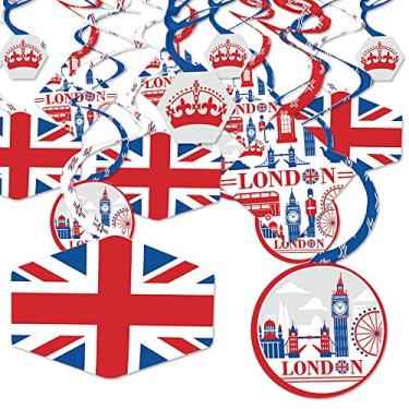 Imagem de Big Dot of Happiness Cheerio, London - Decoração para pendurar de festa britânica no Reino Unido - Redemoinhos para decoração de festa - Conjunto de 40