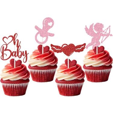 Imagem de 16PCS Glitter Oh Baby Cupcake Toppers, Pacifier Cupid Heart-Shaped Wing Balloon Decor, Valentine's Themed Baby Shower Party Decorations Supplies
