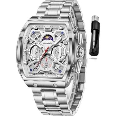 Imagem de OLEVS Relógio masculino para negócios, cronógrafo, quadrado, quartzo, analógico, masculino, pulseira de silicone, impermeável, presente de data, relógio masculino prata, Relógios de aço inoxidável