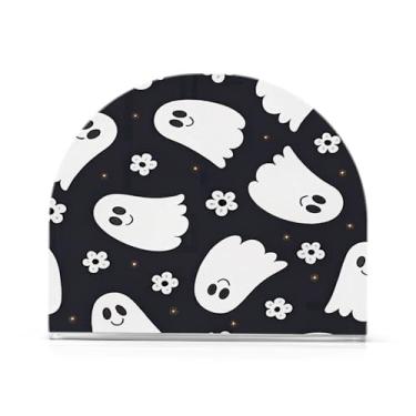 Imagem de JUZIHAI Suporte de guardanapo de Halloween Boo para mesa dispensador de guardanapo de acrílico para mesa suporte de lenços independente para cozinha sala de jantar bar festa decoração de casa