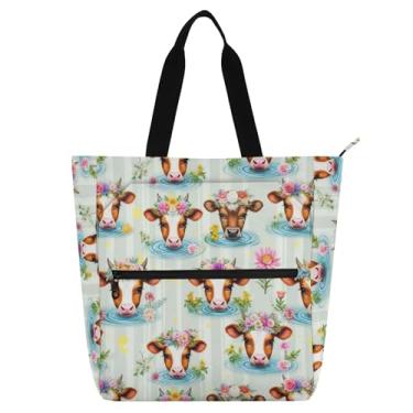 Imagem de Linda bolsa de ombro com coroas de flores de vaca para crianças, tecido Oxford, reutilizável, bolsa de ombro com bolsos com zíper