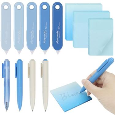 Imagem de MultiBey Conjunto de fitas corretivas gradientes, 5 fitas corretivas com 4 peças de mini canetas esferográficas fofas e 3 blocos de notas adesivas com glitter, kit de material estético de volta às