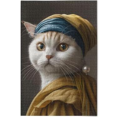 Imagem de Gato fofo com brincos de pérola personalizados adultos 1000 peças quebra-cabeça jogo de quebra-cabeça tecnologia presentes natureza divertido arte decoração pintura, 75 cm x 50 cm